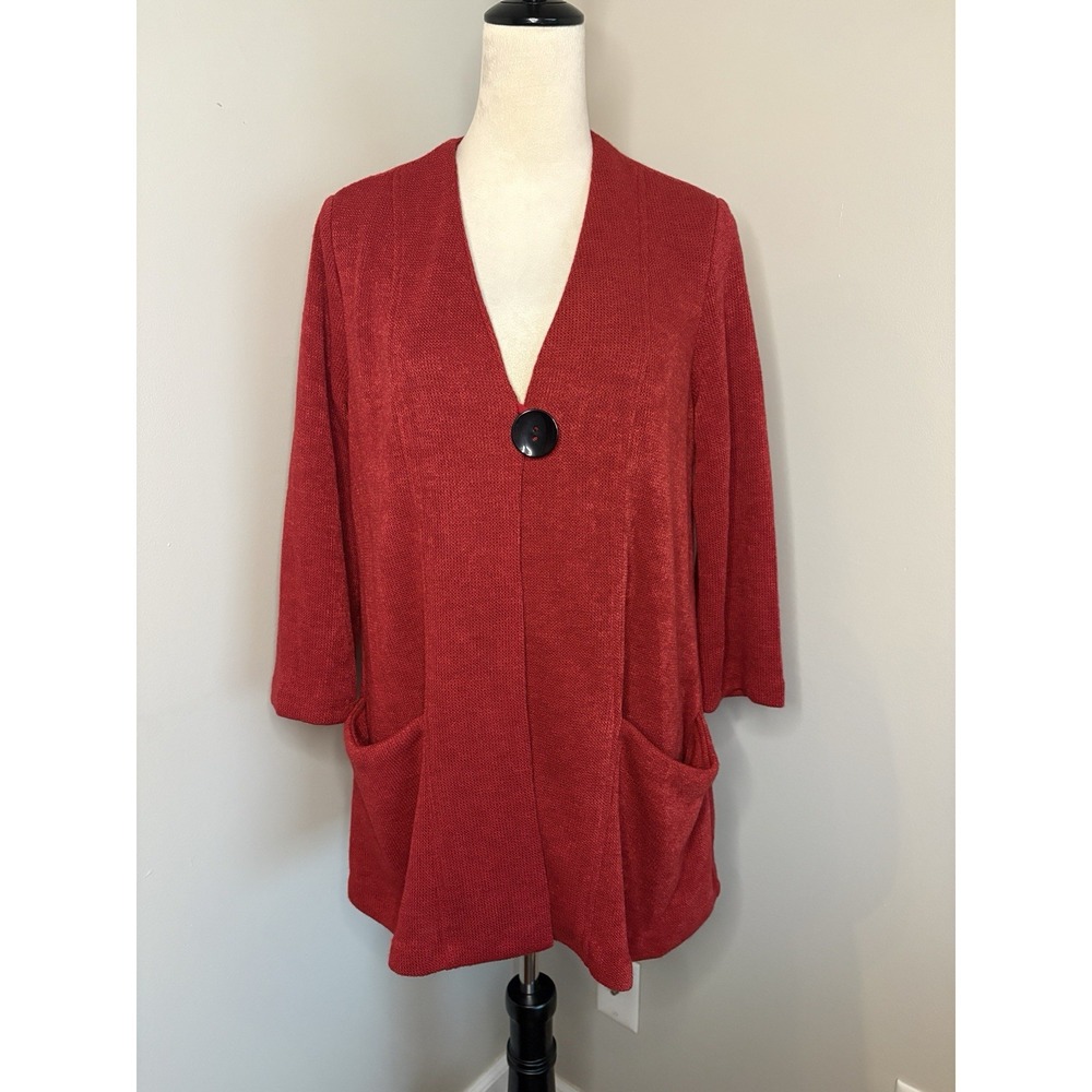YUSHI Red Knit Tunic Jacket Cardigan Small One Button Pockets  Lagenlook Artsy S